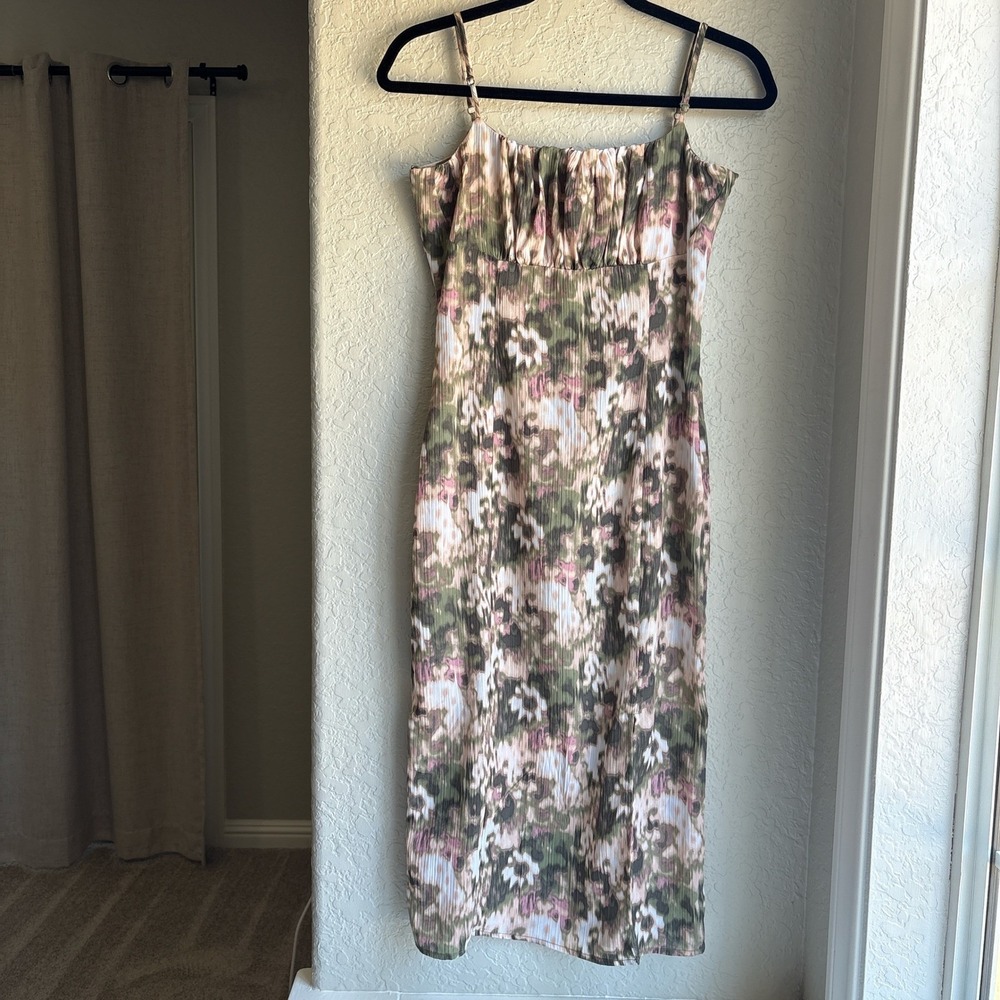 Women XS Midi Dress Floral Spaghetti Strap Green Pink Ruched Wedding Guest